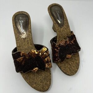 Vtg Simonelli Y2K Beaded Sequin Cork Wedge Sandals‎ Bronze Metallic Slides 6